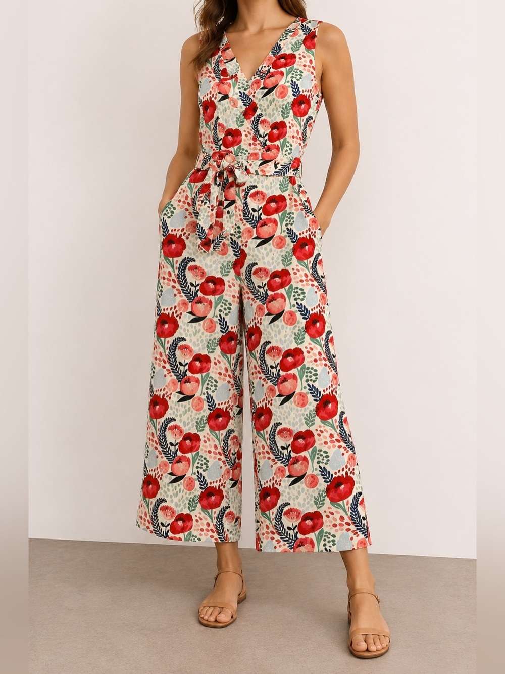 Pepaloves Floral Linen Blend Wide Leg Cropped Jumpsuit Tie Waist Size M
